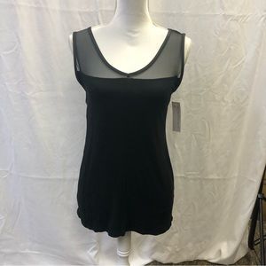 Loveappella Sleeveless Mesh Louis Faux Leather Trim Knit Tank Top Black Medium